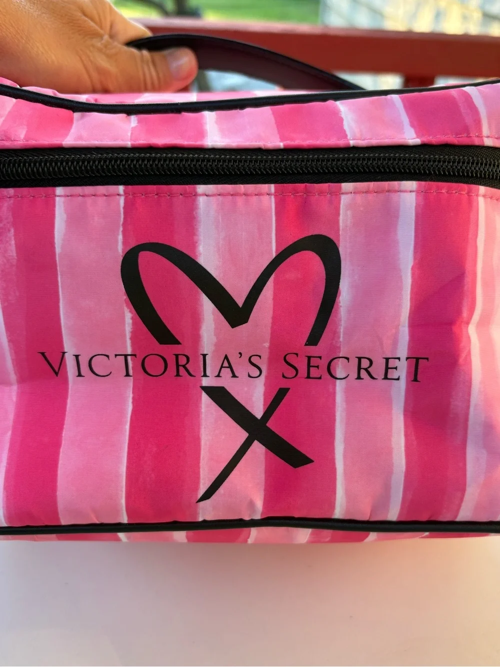 Victoria's Secret Large Pink Striped Cosmetic Case with Black Logo
